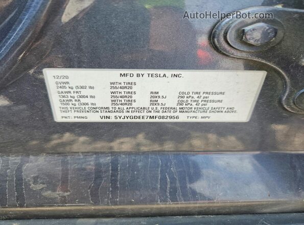 5YJYGDEE7MF082956 2021 TESLA MODEL Gray Вид наклейки з VIN-кодом