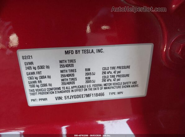 5YJYGDEE7MF118466 2021 TESLA MODEL Y Red Widok komory silnika