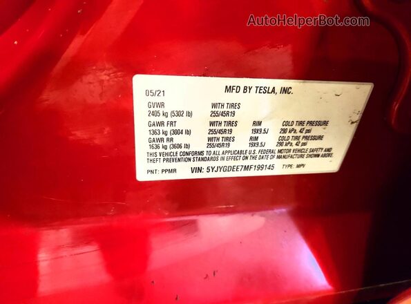 5YJYGDEE7MF199145 2021 TESLA MODEL Red Вид наклейки з VIN-кодом
