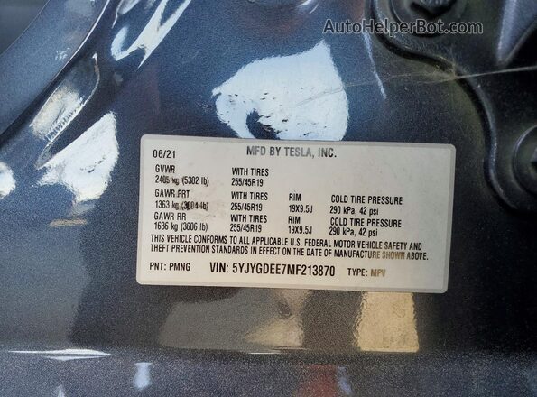 5YJYGDEE7MF213870 2021 TESLA MODEL Gray Widok komory silnika