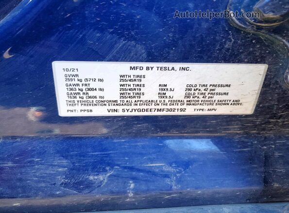 5YJYGDEE7MF302192 2021 TESLA MODEL Blue Вид підкапотного простору
