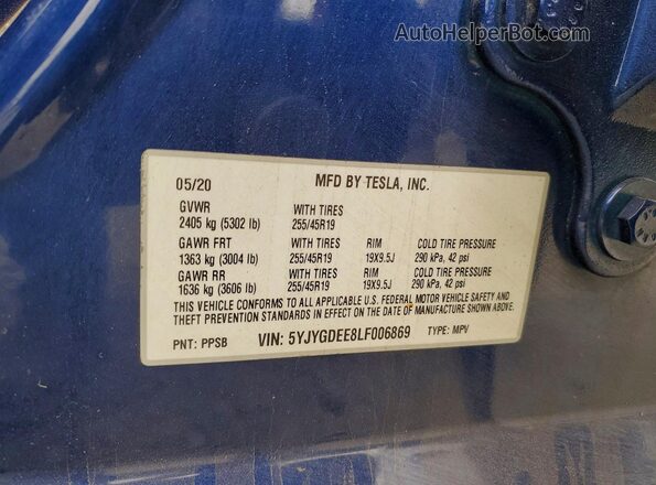 5YJYGDEE8LF006869 2020 TESLA MODEL Blue VIN կոդի պիտակի տեսք