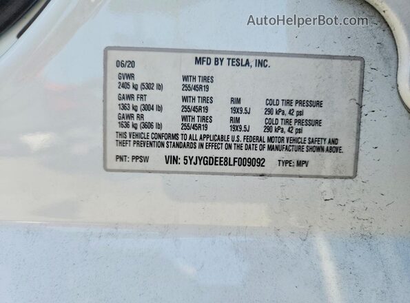 5YJYGDEE8LF009092 2020 TESLA MODEL White Շարժիչի բաժամունքի տեսք