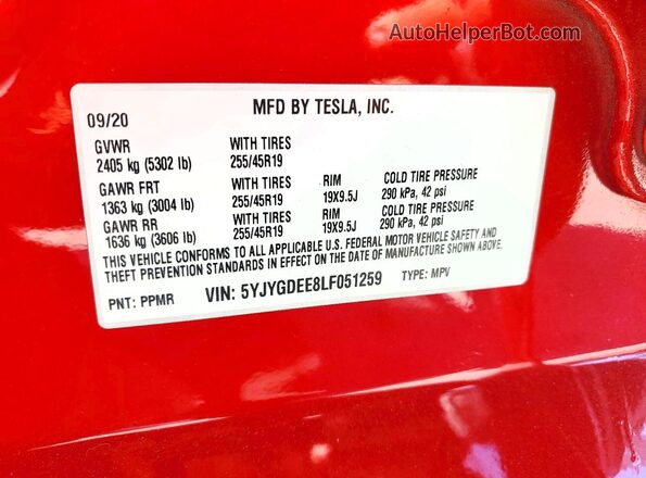5YJYGDEE8LF051259 2020 TESLA MODEL Red Շարժիչի բաժամունքի տեսք