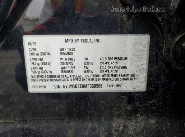 5YJYGDEE8MF060965 2021 TESLA MODEL Black VIN კოდის სტიკერის ხედი