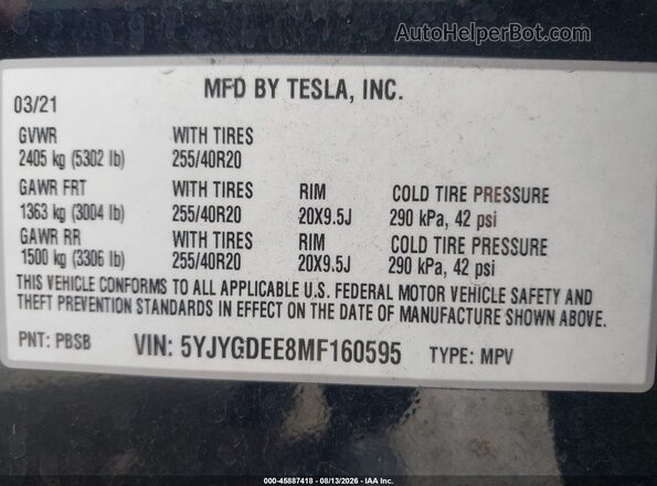 5YJYGDEE8MF160595 2021 TESLA MODEL Y Black ძრავის განყოფილების ხედი