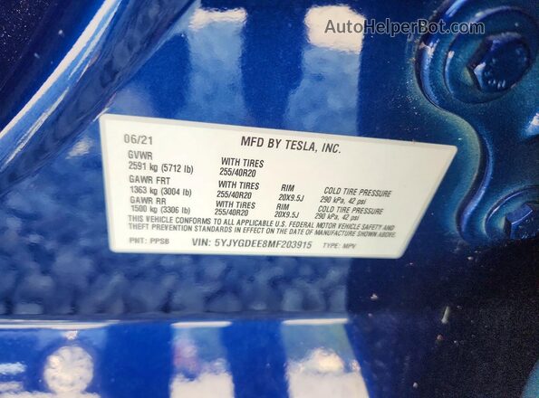 5YJYGDEE8MF203915 2021 TESLA MODEL Blue Vista del compartimento del motor