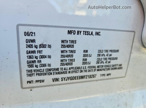 5YJYGDEE8MF218267 2021 TESLA MODEL Белый Панорамный вид салона 360°