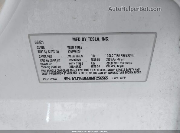 5YJYGDEE8MF256565 2021 TESLA MODEL Y White Widok komory silnika
