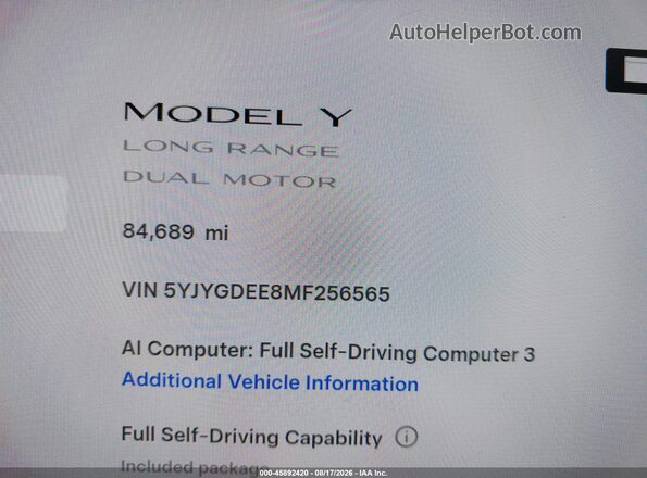 5YJYGDEE8MF256565 2021 TESLA MODEL Y White Widok tylnych siedzeń