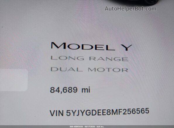 5YJYGDEE8MF256565 2021 TESLA MODEL Y White Widok wnętrza 360 stopni