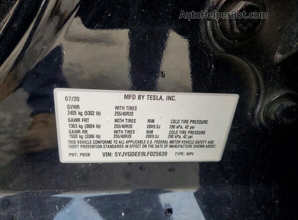 5YJYGDEE9LF025639 2020 TESLA MODEL Black Widok naklejki z numerem VIN