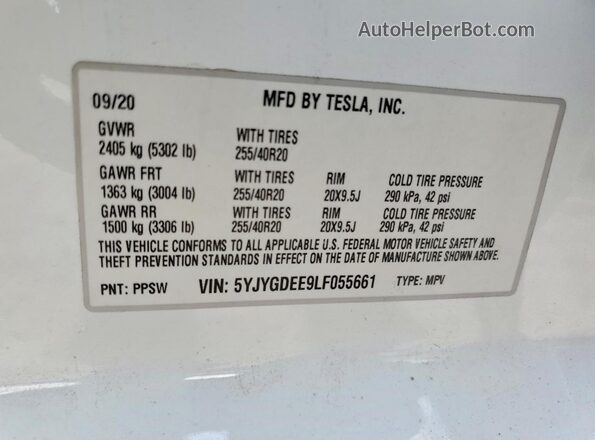 5YJYGDEE9LF055661 2020 TESLA MODEL White Widok komory silnika