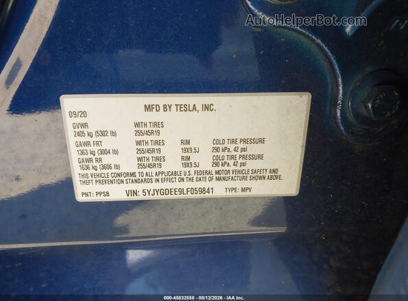 5YJYGDEE9LF059841 2020 TESLA MODEL Y Blue ძრავის განყოფილების ხედი