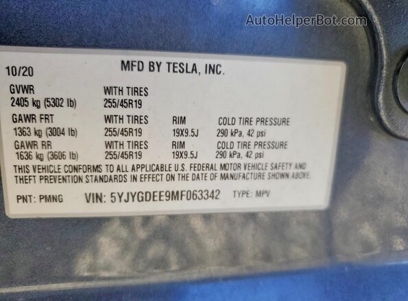 5YJYGDEE9MF063342 2021 TESLA MODEL Charcoal VIN sticker view