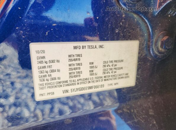 5YJYGDEE9MF066189 2021 TESLA MODEL Blue Engine compartment view