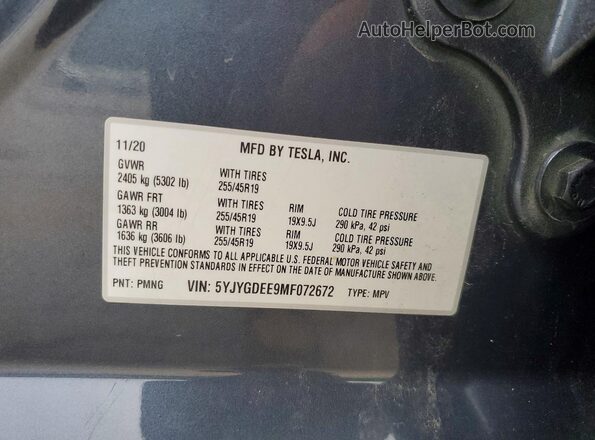 5YJYGDEE9MF072672 2021 TESLA MODEL Gray Вид наклейки з VIN-кодом