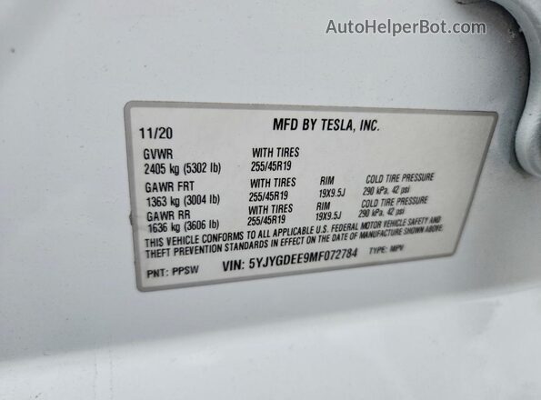 5YJYGDEE9MF072784 2021 TESLA MODEL Белый Вид наклейки с VIN-кодом