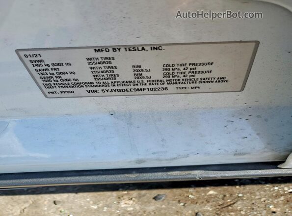 5YJYGDEE9MF102236 2021 TESLA MODEL Белый Вид наклейки с VIN-кодом