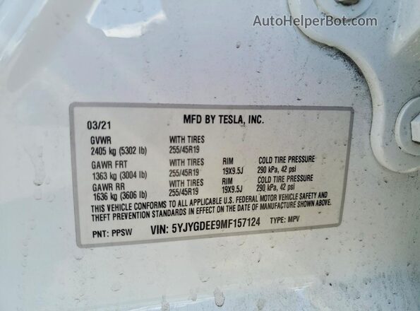 5YJYGDEE9MF157124 2021 TESLA MODEL White VIN კოდის სტიკერის ხედი