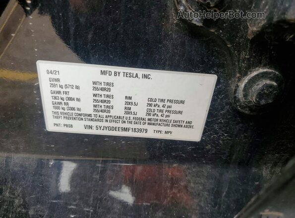 5YJYGDEE9MF183979 2021 TESLA MODEL Black VIN sticker view