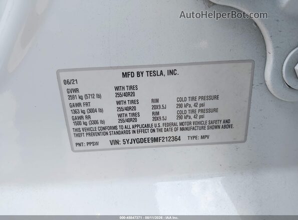 5YJYGDEE9MF212364 2021 TESLA MODEL Y White Շարժիչի բաժամունքի տեսք