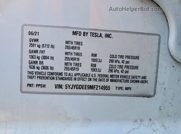 5YJYGDEE9MF214955 2021 TESLA MODEL Белый Вид наклейки с VIN-кодом