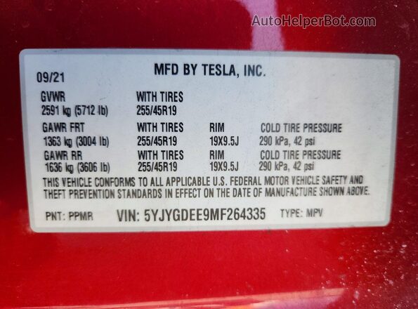 5YJYGDEE9MF264335 2021 TESLA MODEL Red VIN կոդի պիտակի տեսք