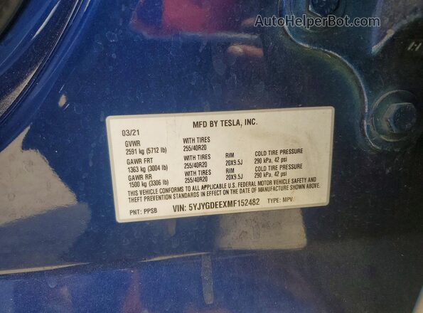5YJYGDEEXMF152482 2021 TESLA MODEL Blue Vista del compartimento del motor