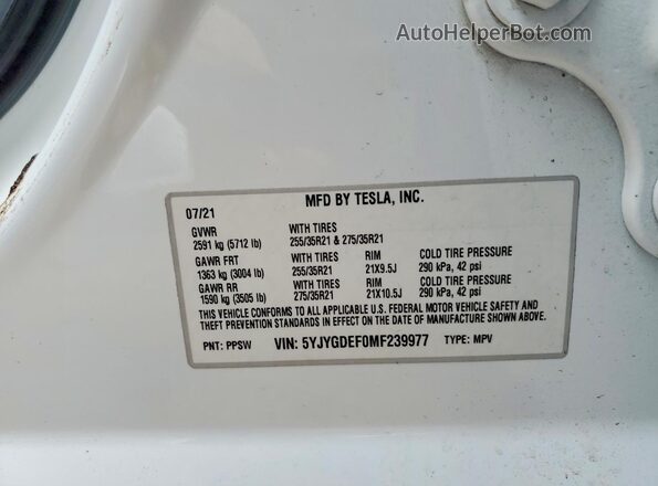 5YJYGDEF0MF239977 2021 TESLA MODEL White Vista del compartimento del motor