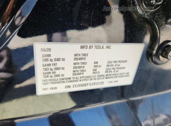 5YJYGDEF1LF012120 2020 TESLA MODEL Black Vista del compartimento del motor
