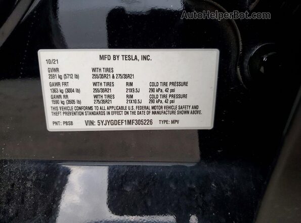 5YJYGDEF1MF305226 2021 TESLA MODEL Black 360 interior view