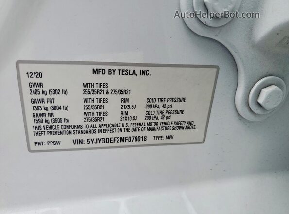 5YJYGDEF2MF079018 2021 TESLA MODEL White Vista del compartimento del motor
