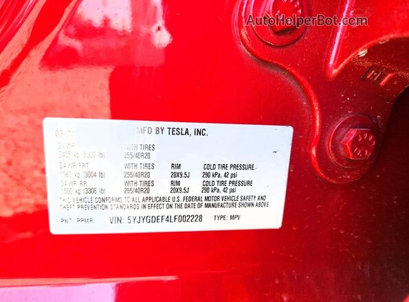 5YJYGDEF4LF002228 2020 TESLA MODEL Red ძრავის განყოფილების ხედი