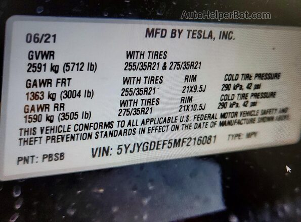 5YJYGDEF5MF216081 2021 TESLA MODEL Y Black 