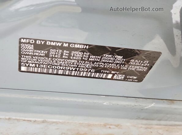 5YM13EC00R9W19962 2024 BMW X3 Серый Вид наклейки с VIN-кодом