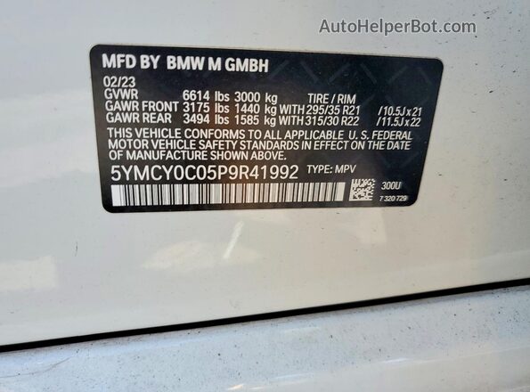 5YMCY0C05P9R41992 2023 BMW X6 White Вид наклейки з VIN-кодом