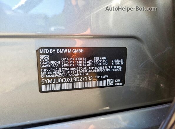5YMJU0C0XL9D27133 2020 BMW X5 Gray VIN კოდის სტიკერის ხედი