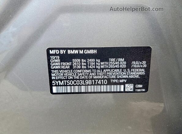 5YMTS0C03L9B17410 2020 BMW X3 Gray Widok naklejki z numerem VIN