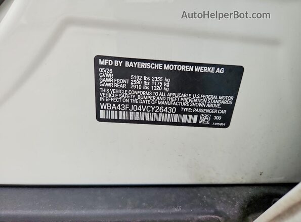 WBA43FJ04VCY26430 2027 BMW 5 SERIES White Вид наклейки з VIN-кодом