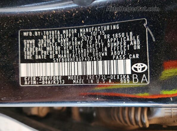 5YFBURHE8GP407453 2016 TOYOTA COROLLA Black VIN կոդի պիտակի տեսք