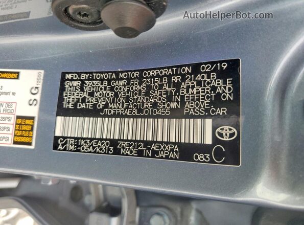JTDFPRAE8LJ010455 2020 TOYOTA COROLLA Синий Вид наклейки с VIN-кодом