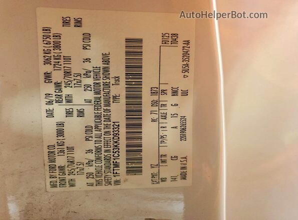 1FTMF1C53KKD93321 2019 FORD F150 Белый Вид наклейки с VIN-кодом
