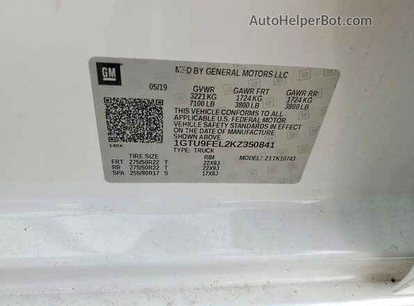 1GTU9FEL2KZ350841 2019 GMC SIERRA Белый Вид наклейки с VIN-кодом