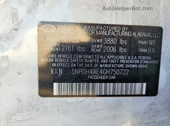 5NPDH4AE4GH750722 2016 HYUNDAI ELANTRA Белый Вид наклейки с VIN-кодом