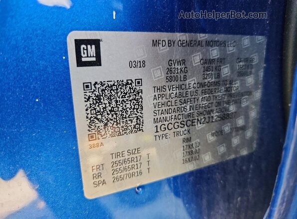 1GCGSCEN2J1258837 2018 CHEVROLET COLORADO Синий Вид наклейки с VIN-кодом