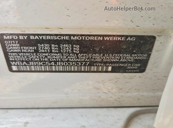 WBAJB9C54JB035377 2018 BMW M5 White VIN կոդի պիտակի տեսք