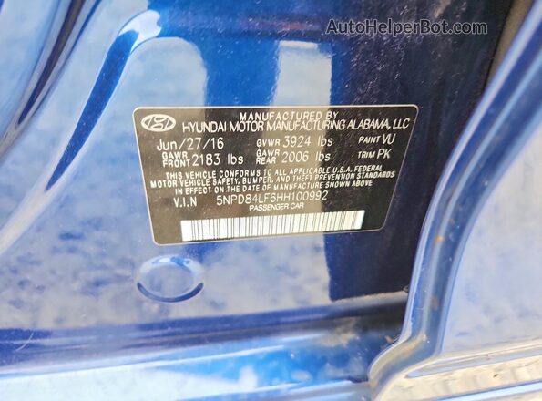 5NPD84LF6HH100992 2017 HYUNDAI ELANTRA Синий Вид наклейки с VIN-кодом