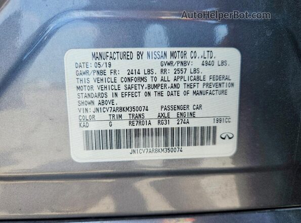 JN1CV7AR8KM350074 2019 INFINITI Q50 Silver VIN կոդի պիտակի տեսք