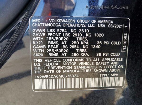 1V2WR2CA6MC576324 2021 VOLKSWAGEN ATLAS Black Widok wnętrza 360 stopni